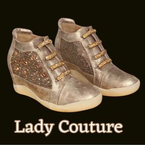 NIB LADY COUTURE Embellished Metallic Gold Sneakers, Concealed Heel, Size 36